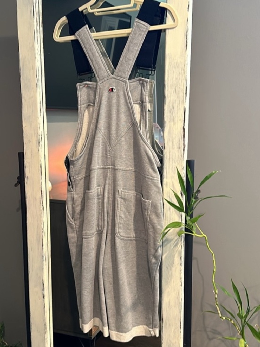 Champion Heather Gray Sweatshirt Overall Romper with Black Straps